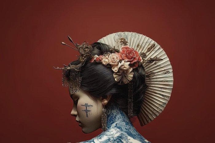 La Geisha de la Dinastía Azul y Kimono Imperial - Yamila -, Antiek en Kunst, Antiek | Overige Antiek