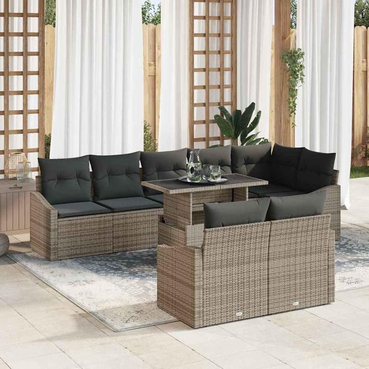 vidaXL Tuinbank Set 9 st Grijs poly rattan, Tuin en Terras, Tuinsets en Loungesets, Nieuw, Verzenden