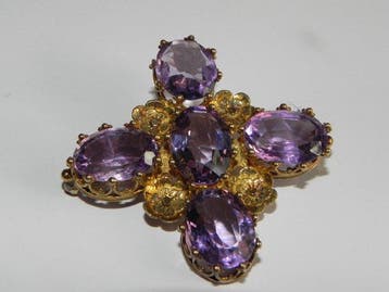Broche - 14 carats Or jaune Améthyste