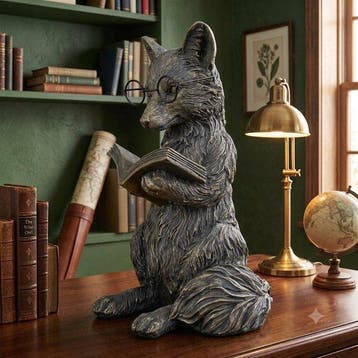 Beeld, Charming Antique Style Reading Fox Figurine