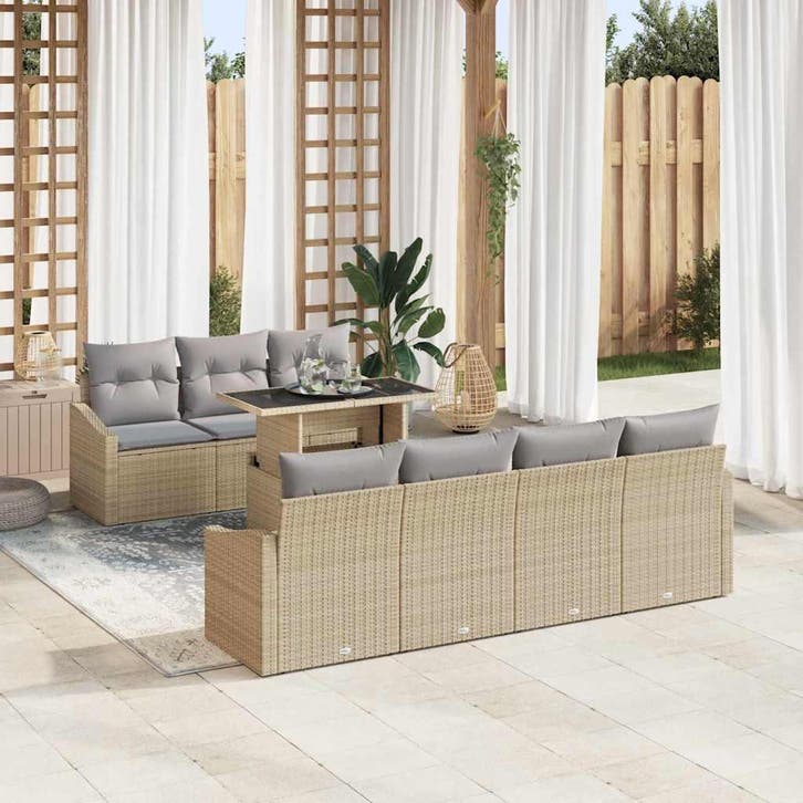 vidaXL Tuinbank Set 8 st Beige en Lichtgrijs poly rattan, Tuin en Terras, Tuinsets en Loungesets, Nieuw, Verzenden