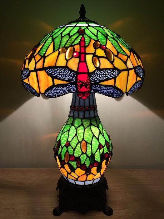 Tiffany tafellamp Studio style Green Dragonfly met 2, Antiquités & Art, Art | Objets design