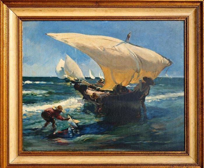 Joaquín Sorolla y Bastida (1863-1923), Cículo de - En la, Antiek en Kunst, Kunst | Schilderijen | Klassiek