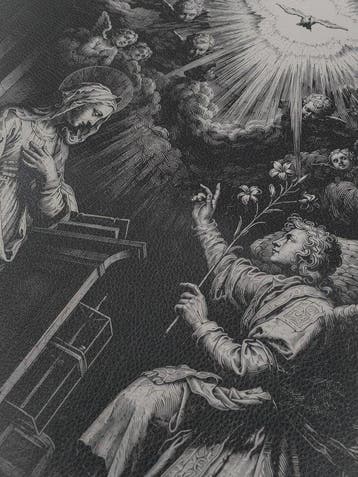 Aankondiging – Afdruk op leer 85,00 x 68,00 cm - Wandtapijt