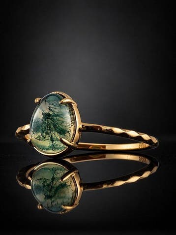 Bague solitaire en agate mousse – argent sterling plaqué or