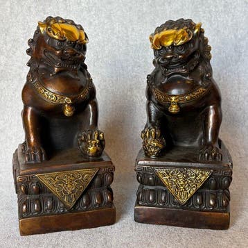 Beeld, Paar Foo Dogs (Zonder Minimumprijs) - 20.5 cm - Brons