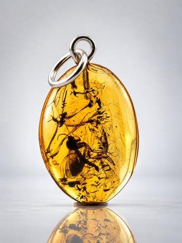 Diep gouden barnsteenfossielhanger – Gedetailleerde wesp en