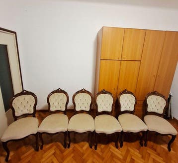 Zitgroep (6) - Walnoot - Set van 6 vintage stoffen stoelen