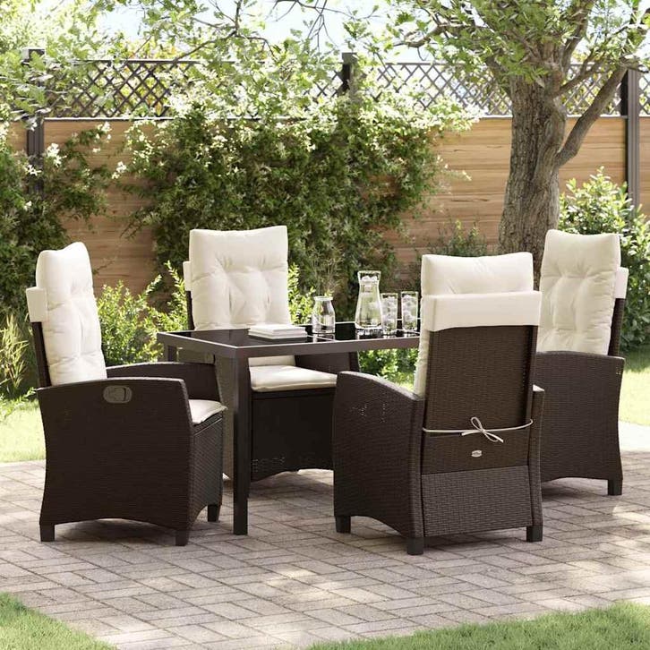 vidaXL Tuin Eettafel Set met kussen 5 pcs Bruin poly rattan, Tuin en Terras, Tuinsets en Loungesets, Nieuw, Verzenden