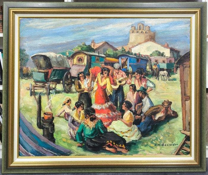 E.M. Bouvier (XX) - Campement de gitans aux, Antiquités & Art, Art | Peinture | Classique