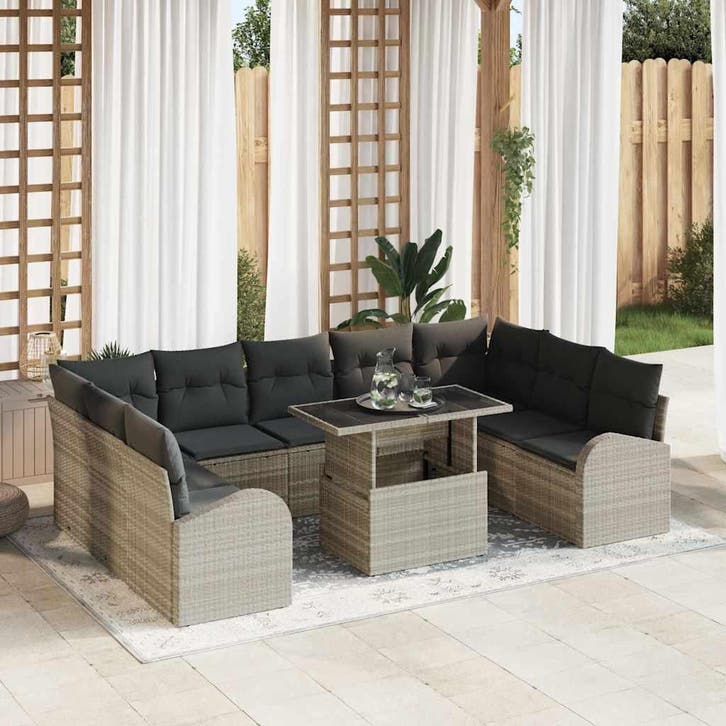 vidaXL Tuinbank Set met kussen 10 pcs Lichtgrijs Poly rattan, Tuin en Terras, Tuinsets en Loungesets, Nieuw, Verzenden