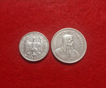 Suisse, Allemagne. Set of 2 coins: 2 Reichsmark 1926 & 5