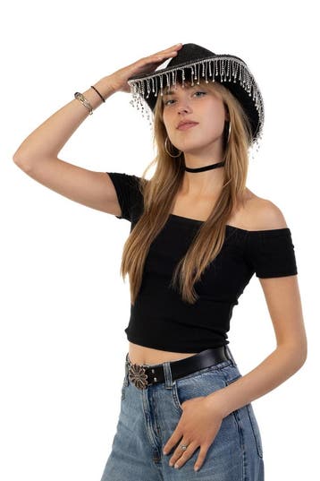 KIMU® Cowboyhoed Zwart Glitter Strass Steentjes Zwarte Cowgi, Ophalen of Verzenden