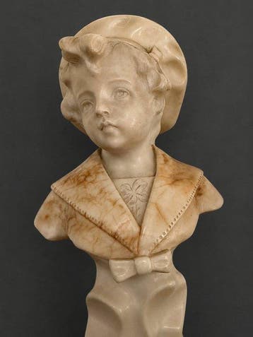 Buste, Jong meisje met baret - 25.5 cm - Albâtre, Antiquités & Art