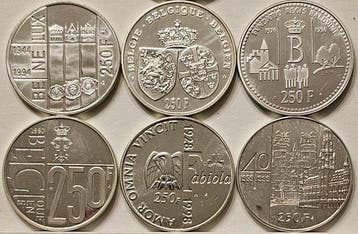 België. Complete Run of 6 × Silver 250 Francs FDC Proof, Postzegels en Munten