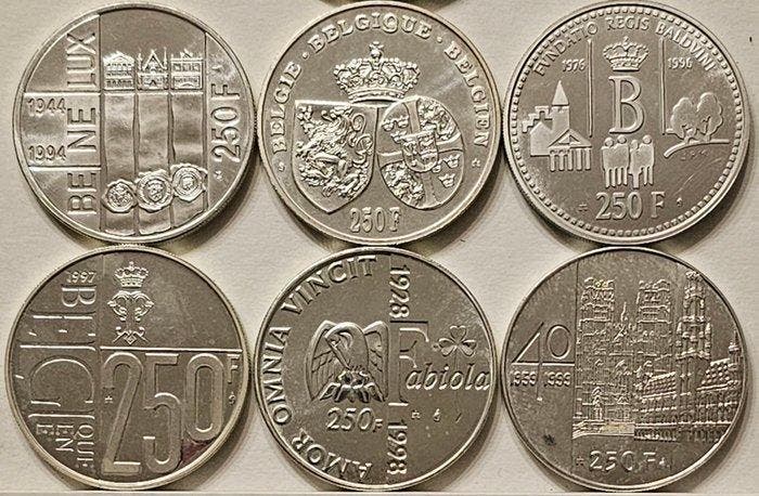België. Complete Run of 6 × Silver 250 Francs FDC Proof, Timbres & Monnaies, Monnaies | Europe | Monnaies non-euro