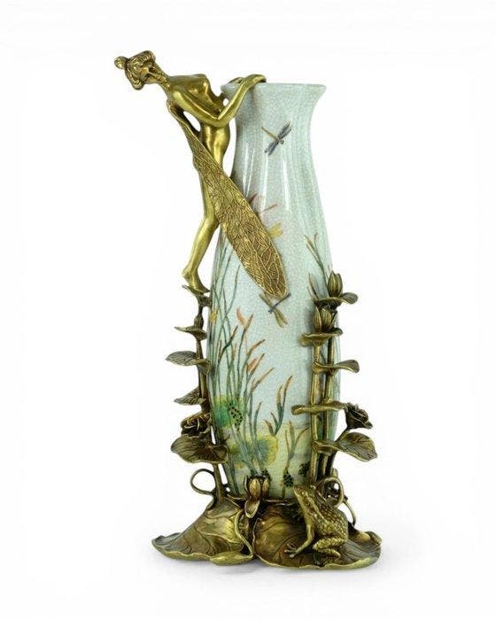 Vaas - Porselein, Brons - Jugendstil libelvaas, Antiquités & Art, Curiosités & Brocante