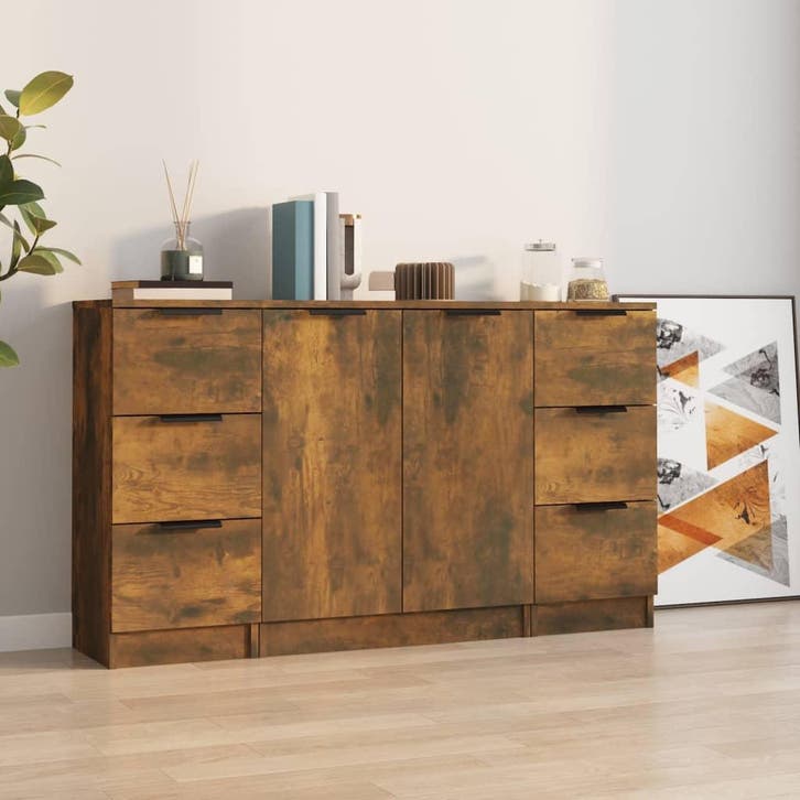 vidaXL Dressoirs 3 st bewerkt hout gerookt eikenkleurig, Huis en Inrichting, Kasten | Dressoirs, Nieuw, Verzenden