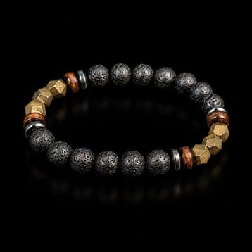 Beau bracelet artisanal - Pierre volcanique, Pyrite et bois
