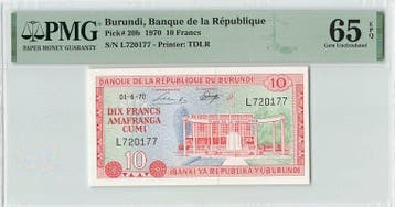 1970 Burundi 10 Francs Pick 20b Pmg Gem Unc 65 Epq, Verzenden, België