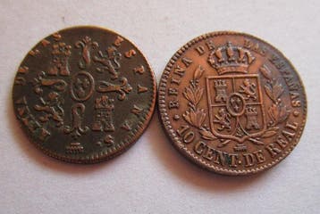 Spanje. Isabel II. 2 maravedis + 10 cent. de real ( lote de