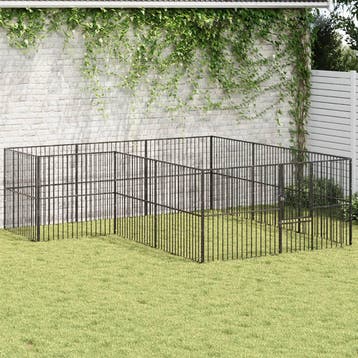 vidaXL Hondenkennel 12 panelen gepoedercoat staal zwart, Verzenden, Nieuw