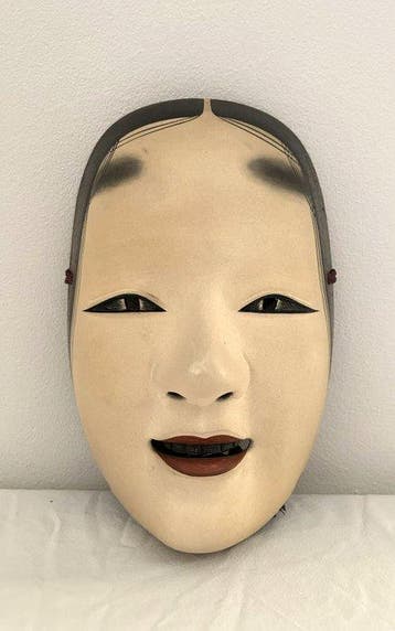 Masque Noh - Waka onna () + Sac et boîte - Bois - Signed