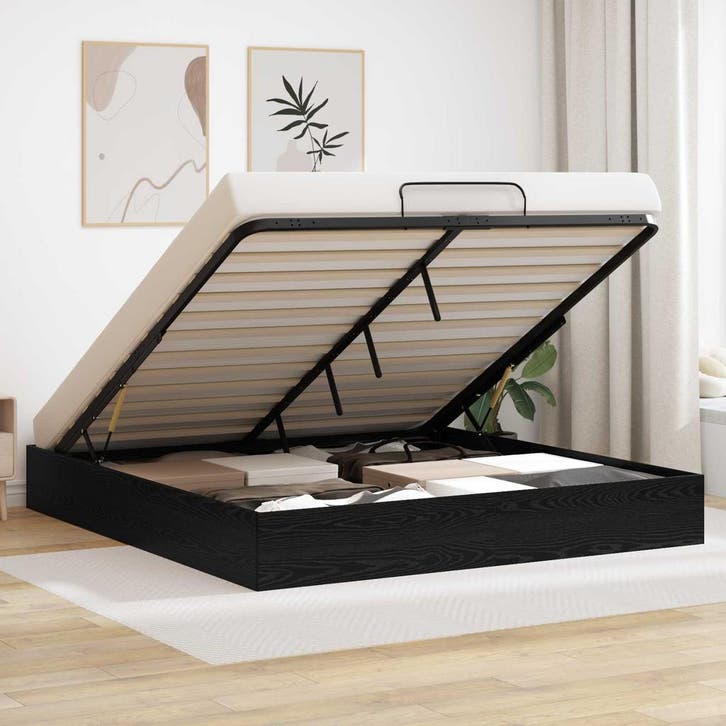 vidaXL Ottoman Bedframe met opslag Zwarte Eik 203 x 160 x 25, Huis en Inrichting, Slaapkamer | Bedden, Nieuw, Verzenden