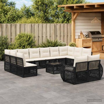 vidaXL Tuinbank Set 13 st Zwart en Crème Wit poly rattan, Verzenden
