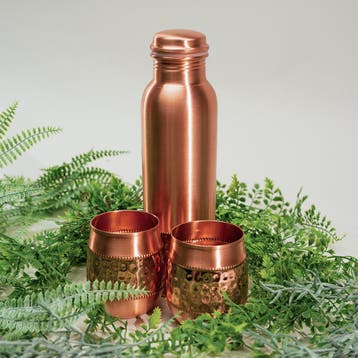 Puur koperen set van fles met 2 bolle bekers sequence ± 950, Ophalen of Verzenden