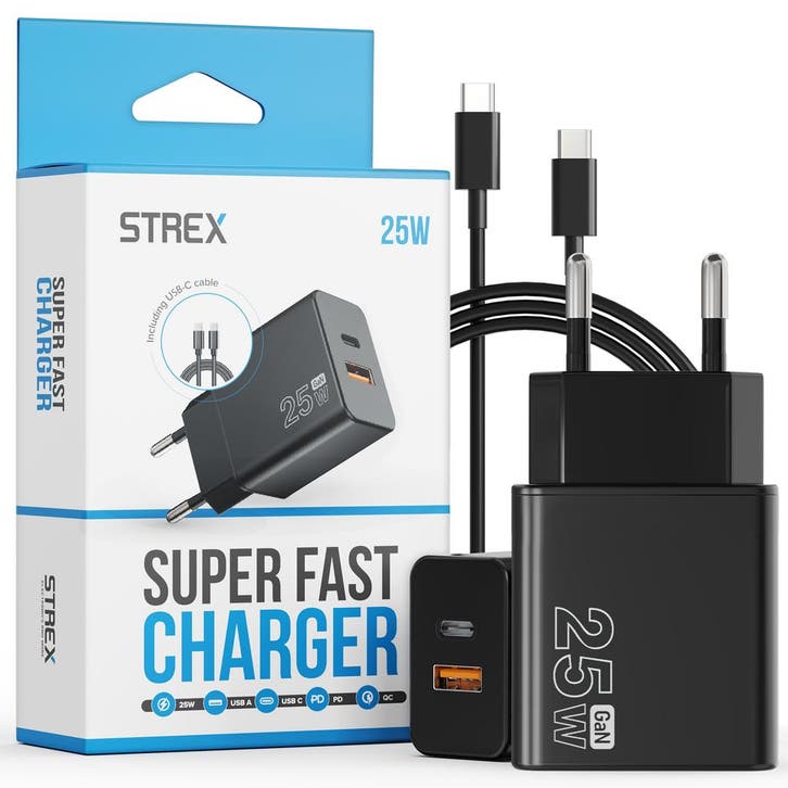 Strex USB Oplader 25W - Snellader met USB-A & USB-C - GaN -, Télécoms, Téléphonie mobile | Chargeurs pour téléphone, Envoi