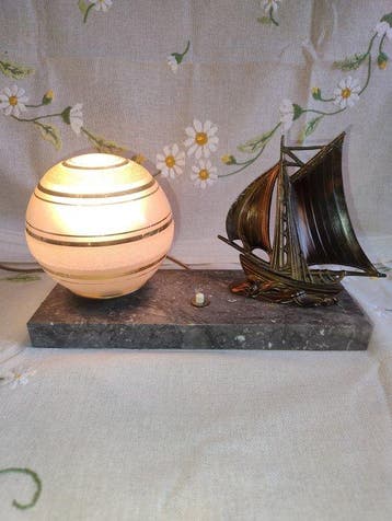 Tafellamp - Marmer, Glas, Metaal - Vintage lamp met marmer