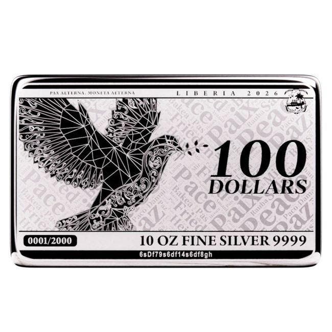 10 troy ounce - Zilver .999 - 2026 10 oz $100 Liberia Pax, Postzegels en Munten, Edelmetalen en Baren
