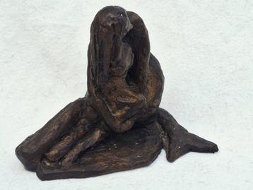 Beeld, Zeemeermin met geredde man - 13.3 cm - Brons