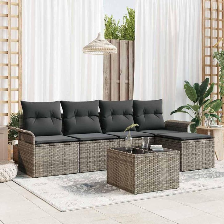 vidaXL Buitensofa met kussen 6 pcs Grijs poly rattan, Tuin en Terras, Tuinsets en Loungesets, Nieuw, Verzenden