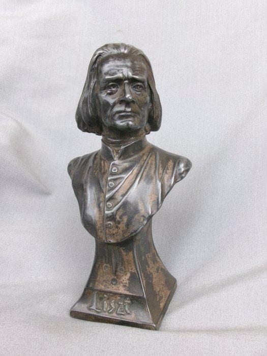 Beeldje - Ferenc Liszt Bust - Verzilverd, pewter, Antiek en Kunst, Kunst | Designobjecten