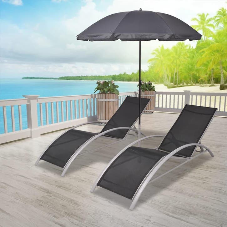 vidaXL Ligbedden met parasol aluminium zwart, Jardin & Terrasse, Chaises longues, Envoi