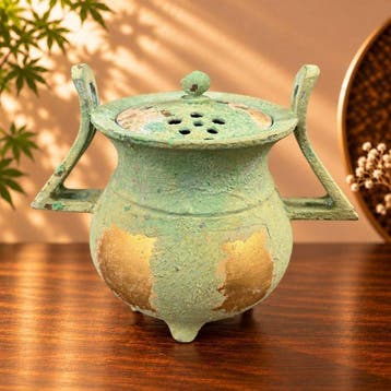 Bronze Incense Burner Koro Green Patina Gold Accents - Seifu