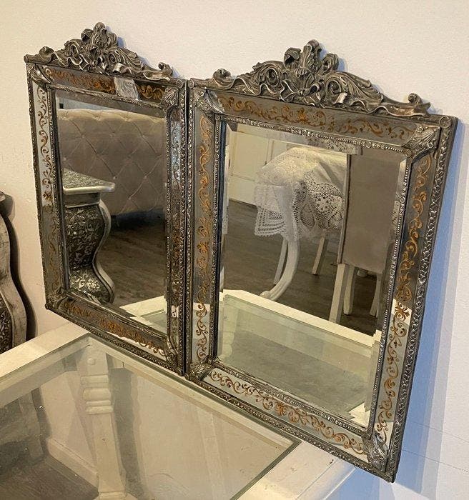 Spiegel - Verzilverd, Glas - Twee spiegels, Antiquités & Art, Curiosités & Brocante