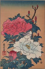 Pioenen en Vogel - Kacho-e - Japanse houtsnede Ukiyo-e -, Antiek en Kunst