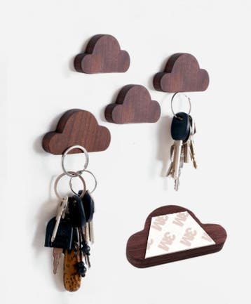 Set van 4 houten sleutelhouders (wolkje, magnetisch, notenh, Verzenden, Nieuw