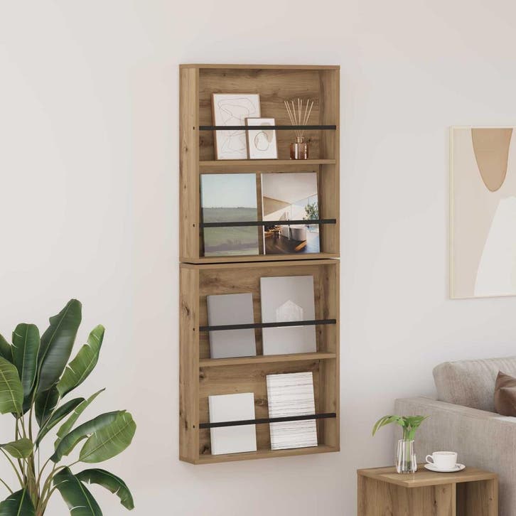 vidaXL Tijdschriftenrek met plank 2 pcs Artisan Eiken 60 x, Huis en Inrichting, Woonaccessoires | Krantenbakken en Lectuurbakken