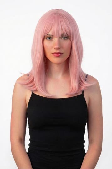 KIMU® Luxe Roze Pruik Schouderlengte Haarwerk Stijl Pony Lic, Ophalen of Verzenden, Nieuw