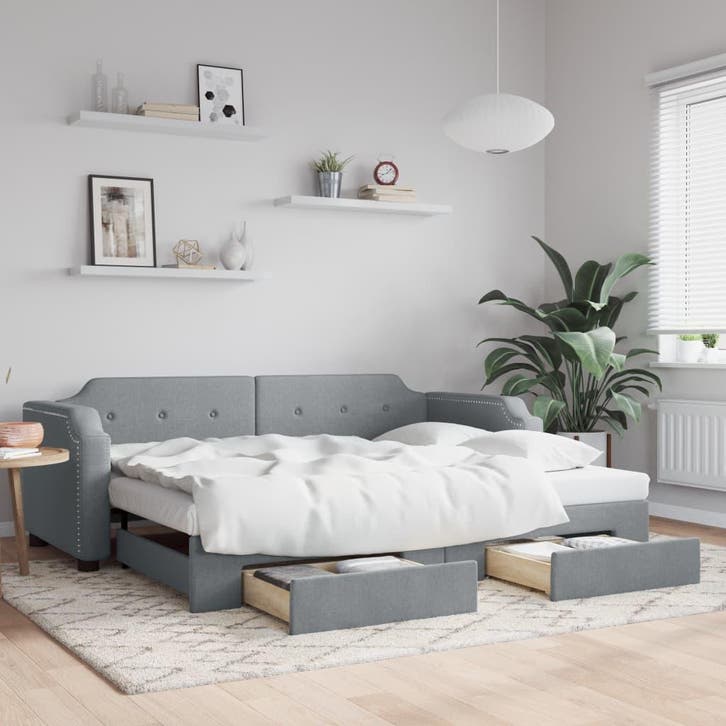 vidaXL Slaapbank met onderschuifbed en lades 90x200 cm stof, Maison & Meubles, Chambre à coucher | Lits, Envoi