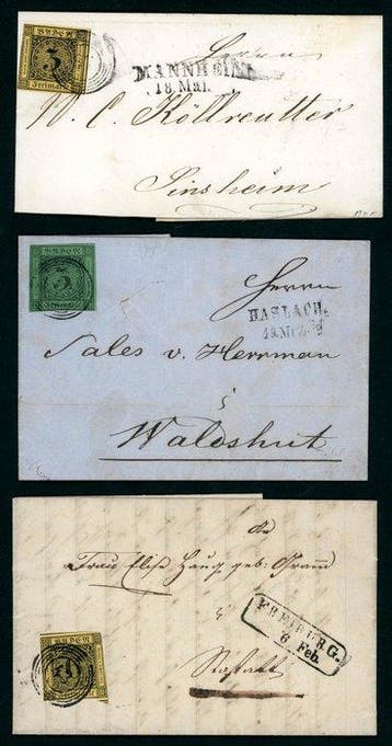 Baden 1851/1858 - Verzameling van gesneden uitgaven met, Postzegels en Munten, Gestempeld