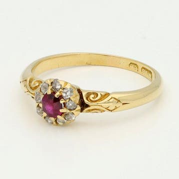 Ring - 18 karaat Geel goud, Robijn, Diamant (Natuurlijk) -