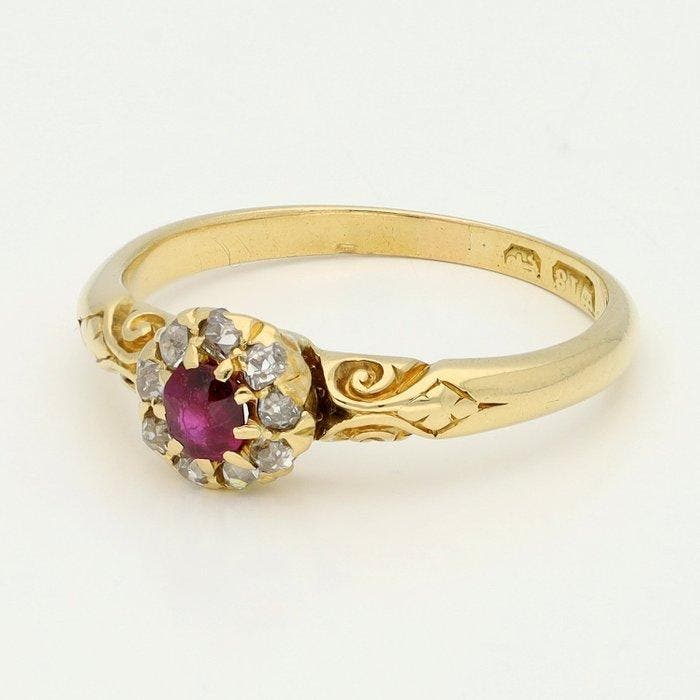 Ring - 18 karaat Geel goud, Robijn, Diamant (Natuurlijk) -, Bijoux, Sacs & Beauté, Bagues