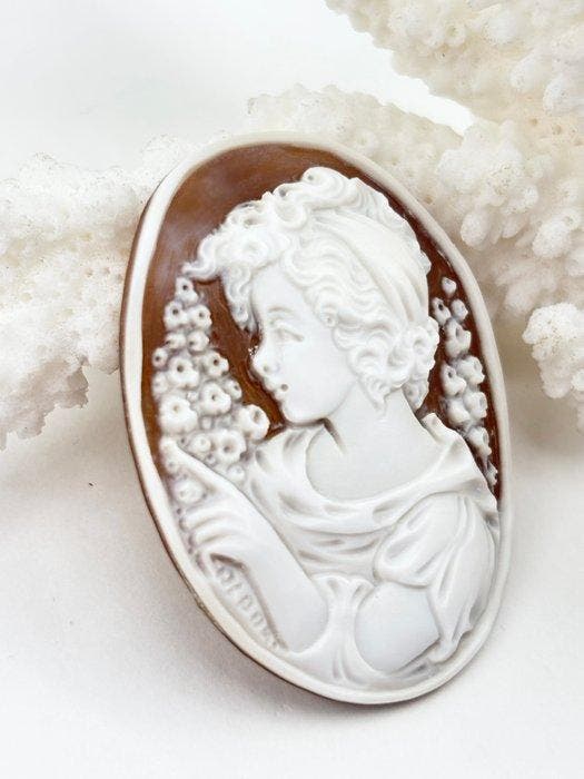 CASSIS MADAGASCARIENSIS - Cameo - Handgesneden camee, Antiquités & Art, Curiosités & Brocante