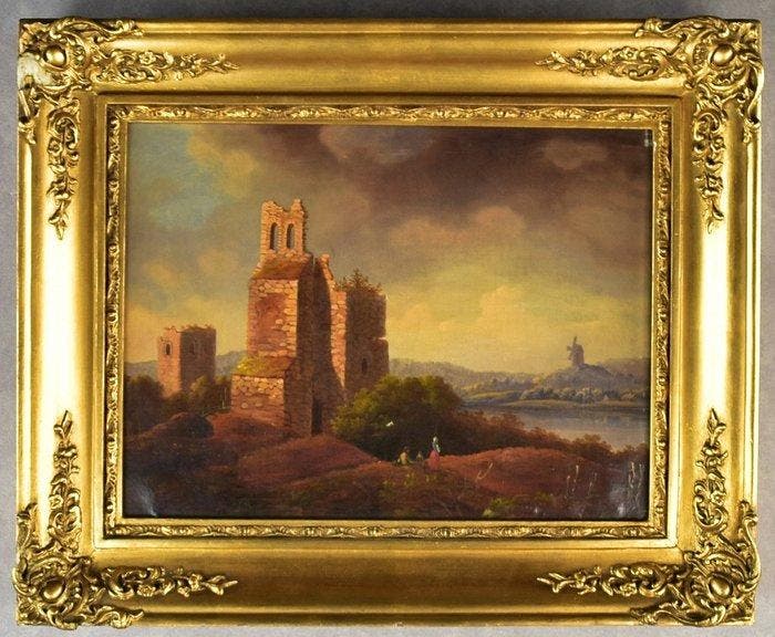 Nederlandse school (XIX) - Landscape with ruin and windmill,, Antiquités & Art, Art | Peinture | Classique