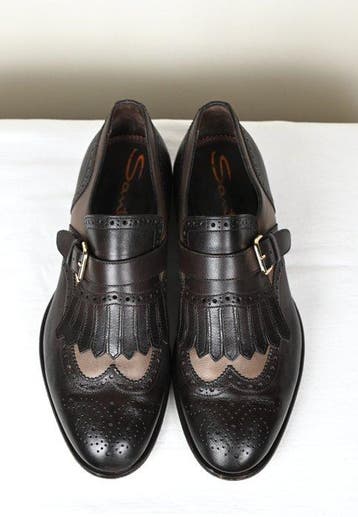 Santoni Brown Leather Fringe Monk Strap Loafers -, Nieuw